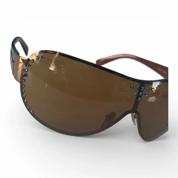 Salvatore Ferragamo Y2K Shield Mask Sunglasses Brown Crystal Designer Italy - Picture 4 of 10